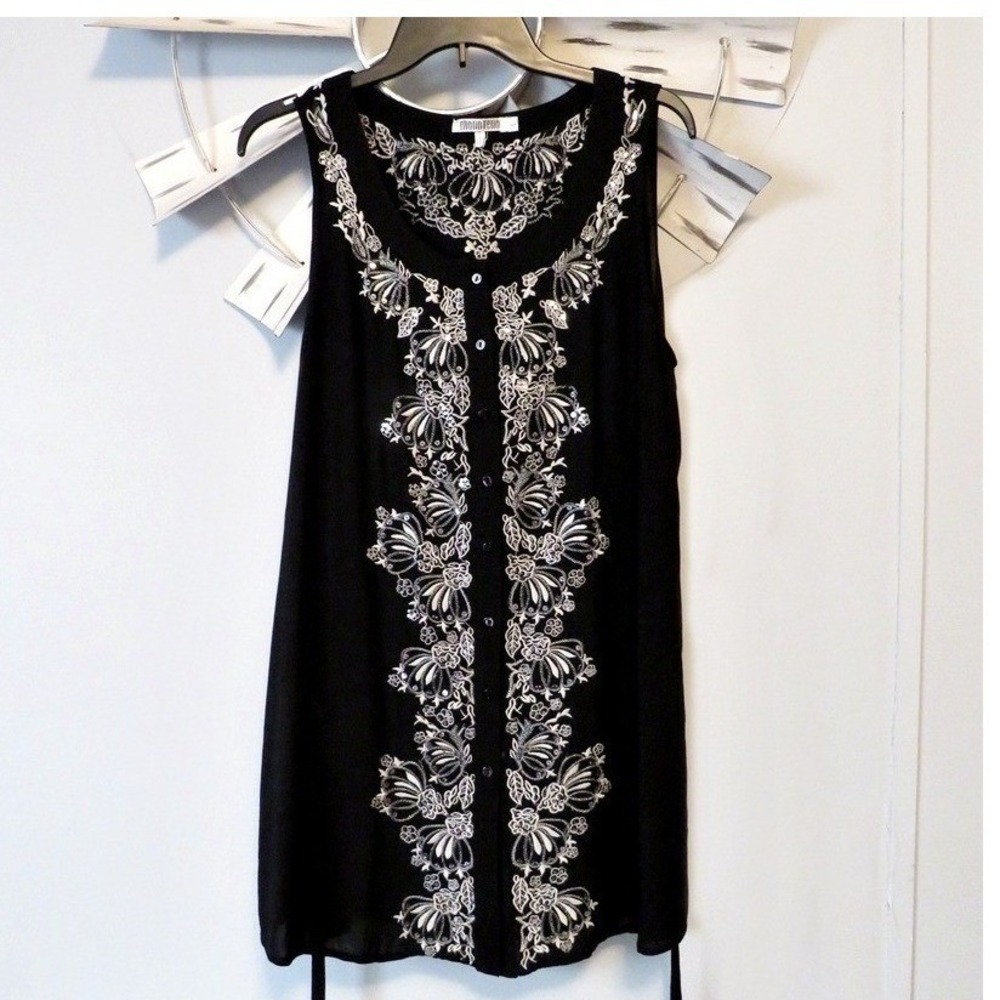 Mono Reno Black Embroidered Boho Floral Tunic Mini Dress‎ Size Large